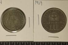 2 GREECE AU/UNC COINS: 1954-5 DRACHMAI & 1959-10