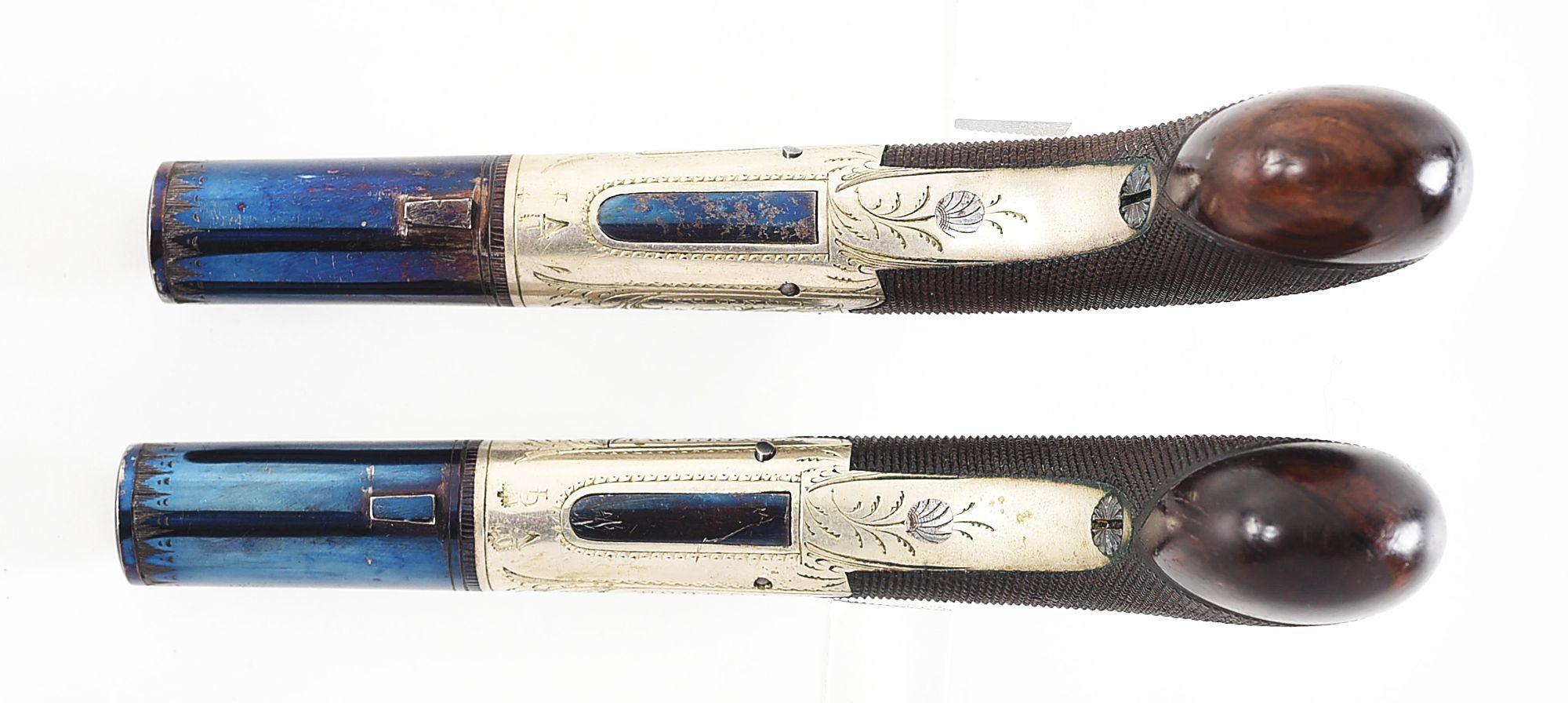 (A) FINE CASED PAIR OF ENGLISH BOXLOCK PERCUSSION PISTOLS BY J. WILLIAMS.