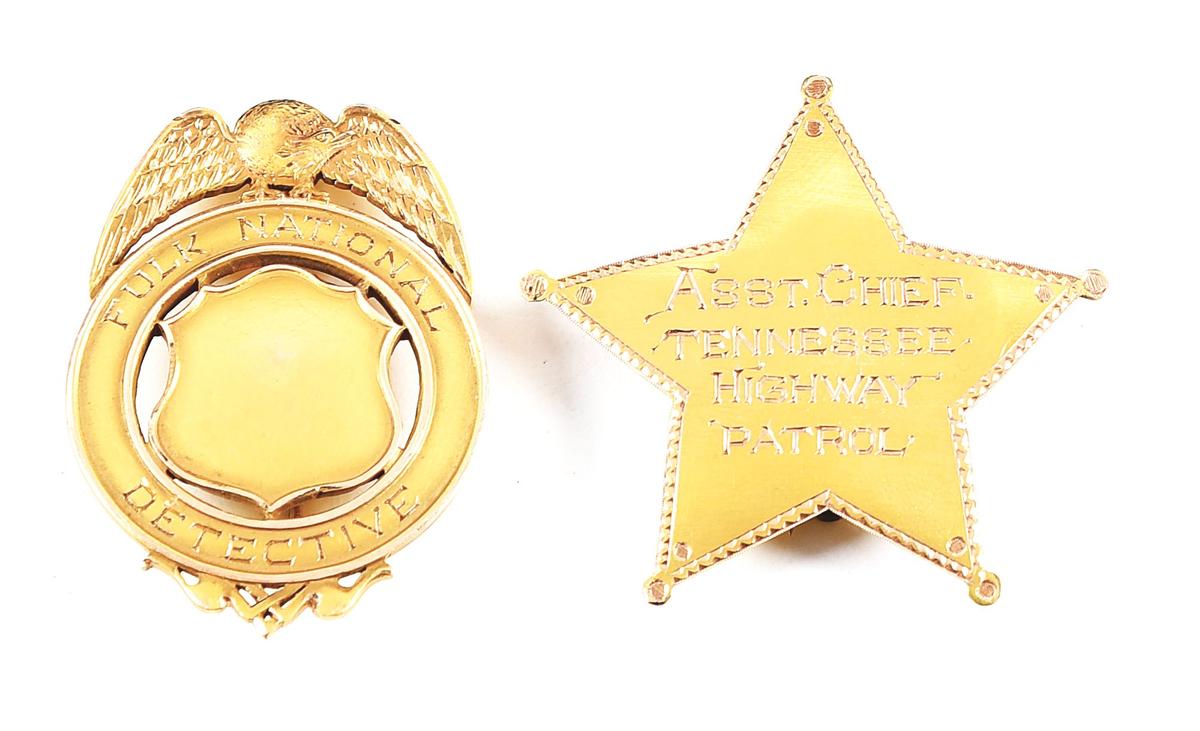 LOT OF 2: 14K GOLD POLICE BADGES.