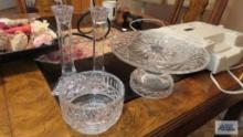 Towle crystal candlesticks, glass cake plate and candy dish