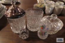 Variety of glass pieces, including toothpick holder. Covered container. Salt dip. Glass.