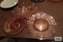Carnival plate and two pink depression dishes