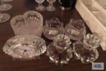 Shannon Glass clock and knickknack dish and candleholders