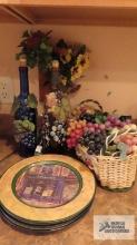 Decorative plates, bottles and basket