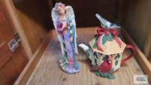 Lenox...Angel of life figurine and cardinal winter greetings teapot