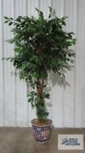 Artificial tree with Oriental planter. Tree is 80 in. tall. Top of planter base is 14 in. wide.