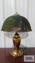 Antique Pittsburgh Lamp, Brass and Glass Company lamp with reverse painted shade. Shade has been