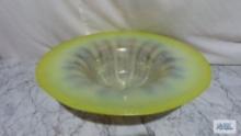 Tiffany yellow iridescent glass...large lipped bowl, signed. has large crack. 5 in. tall and 17 in.