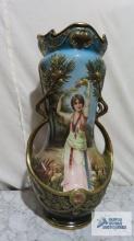 Antique Royal Bonn...Germany painted vase, lady holding flowers. has cracks...all along top. marked