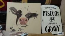 Cow motif wall hanging and mind your own biscuits and light will be gravy wall hanging