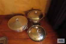 hammered aluminum chafing warmer, baking dish with glass insert and serving pot with divided insert