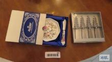 Aynsley...china butter dish and spreader set and Christmas tree spreaders