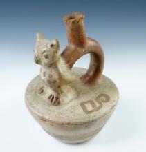 5" widePre-Columbian Moche I Owl Effigy Bottle. Recovered in  S. America. One probe hole.