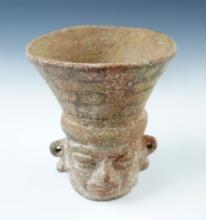 5 3/4" Pre-Columbian Tiwanaku Head Pottery Vessel with gold tempered slip. La Paz Bolivia.