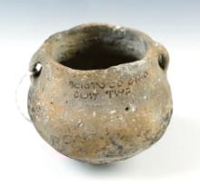 2 1/2" tall x 3 3/8" wide Mississippian Shell tempered Clay Pottery Vessel. Arkansas.