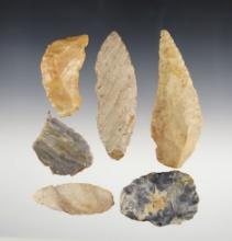 Set of six assorted Flint Knives and Tools found in Ohio. Largest is 3 13/16".