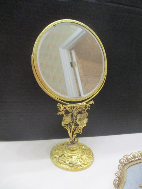 Retro Gold Tone Metal Vanity Trays, Hand Mirror, and Stand Mirror