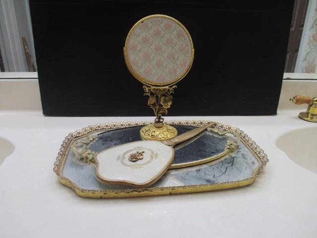 Retro Gold Tone Metal Vanity Trays, Hand Mirror, and Stand Mirror