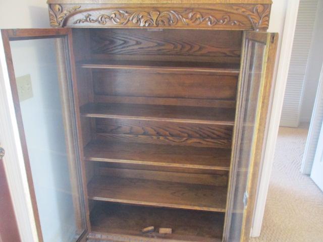 Antique Tiger Oak Curio Cabinet with Carved Wood Appliques