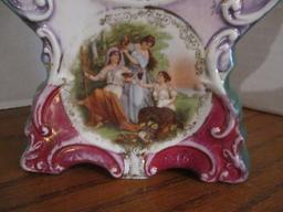 Vintage Porcelain Wind-Up Table Clock with Victorian Scene