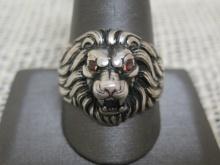 Sterling Silver Lion Head Ring with Red Stone Eyes