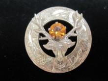Sterling Silver Irish Thistle and Deer Brooch with Amber Stone