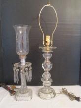 Electric Clear Glass Candlestick Lamp with Prisms and Hurricane Shade and