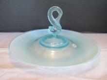 2005 Signed and Numbered Fenton Aquamarine Opalescent Dolphin Fish Sandwich Tray
