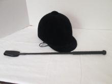 Black Velvet Equestrian Helmet and Flip Whip Riding Crop