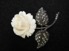 Pre-Ban Carved Ivory Sterling and Marcasite Brooch
