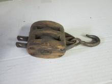 Antique Wooden Pulley with Forged Hook