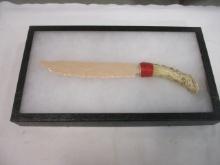 Deer Antler Handle Carved Stone Blade Knife in Display Case