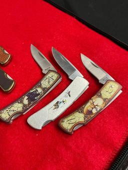 Collection of 6 Folding Pocket Knives 3x Buck 525 Variations & 3x Parker leather handle knives