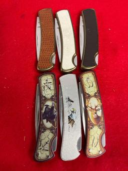 Collection of 6 Folding Pocket Knives 3x Buck 525 Variations & 3x Parker leather handle knives