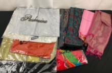 Assorted Scarves & Shawls, a few in bags marked Pashmina, a few different designs