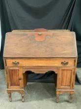 Vintage Wooden Secretary Desk w/ Handsomely Detailed Front, 3 Drawers & 2 Cupboards. As Is. See