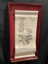 Framed Asian Painting and Calligraphy Scroll, Chrysanthemum Flowers