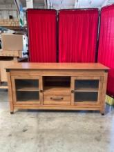 Sauder Wooden Media Cabinet w/ Flip Up Cable Access, 2 Glass Fronted Cupboards & Drawer. See pics.
