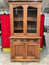 Antique Rustic Americana Shaker Style 2-Piece Oak Kitchen Hutch w/ Glass Fronted Cupboard. See pi...