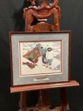 Framed 1986 Litho Signed & #d 682/750 titled Unloading Walrus Meat by Rie Munoz w/ Fishing Spear ...