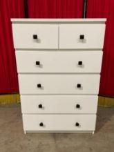 Modern White Laminate & Plastic Tallboy Dresser w/ 6 Drawers & Black Metal Knobs. See pics.
