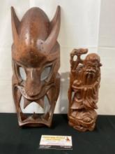 Vintage Handcrafted Wooden Pieces, Polynesian Tiki Mask & Chinese Wise Man Carved Log