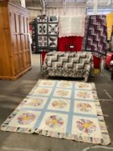 5 pcs Vintage Handmade Quilts & 1 pc Wooden Doll's Bench. Beautiful Fabrics & Patterns. See pics.