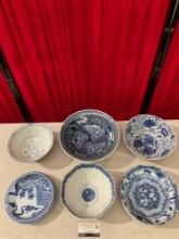 Vintage 6 pcs Blue & White Ceramic Bowls w/ Asian Inspiration. Mottahedeh, Portugal. See pics.