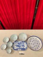 8 pcs Vintage Blue & White Ceramic Dishes w/ Asian Inspiration. 1x Bombay Company Plate. See pics.