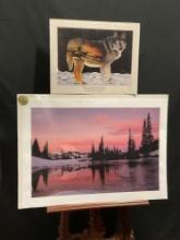 Pair of Unframed pieces, Landscape Photo Print of Mt. Rainier & Native American Wolf Painting Print