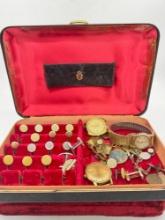 Antique Men's jewelry box w/an assortment of antique / vintage jewelry & watches See description.