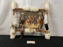 Native American Mandella Painting on Hide w/Log Frame Signed by Artist Moran