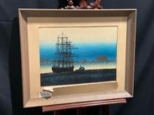 Framed Serigraph by Artist Elton Bennett, Large Sailing Ship coming home