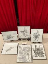 6 pcs Framed Original Futuristic Monochrome Pen & Ink Drawings by Local Artist R. Larimore. See